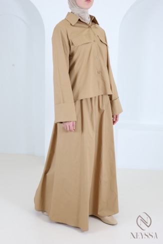 Long skirt and roll-up sleeve cotton shirt set