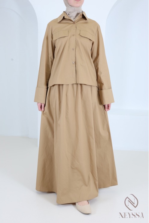 Ensemble jupe longue + chemise manches revers en coton