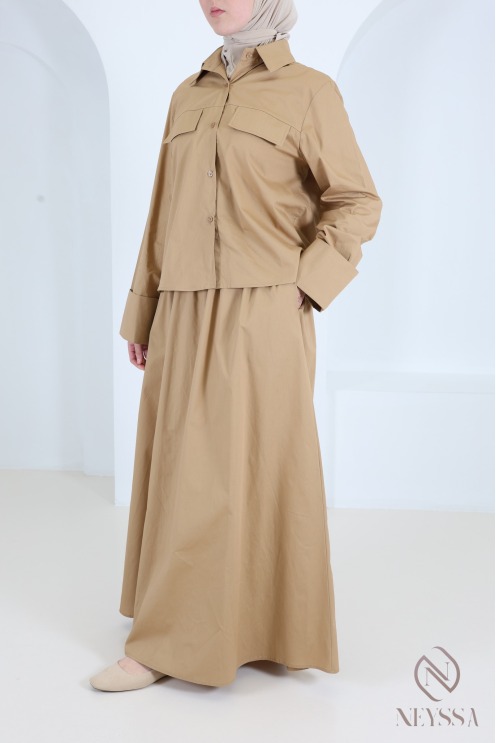 Ensemble jupe longue + chemise manches revers en coton