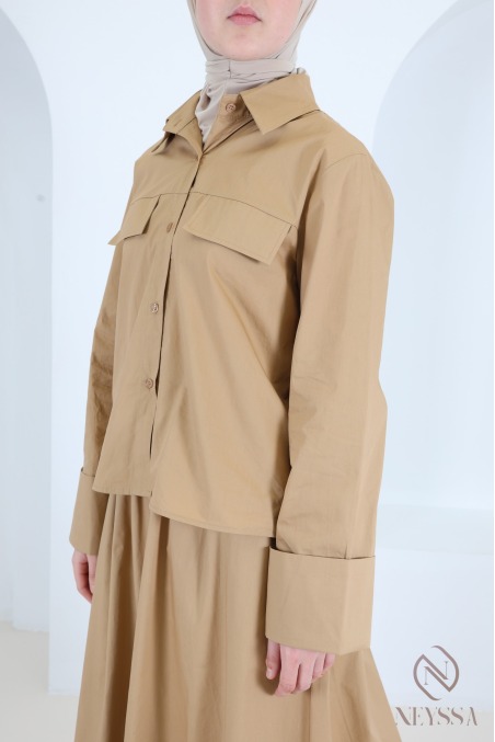 Ensemble jupe longue + chemise manches revers en coton