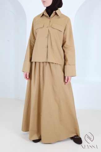 Long skirt and roll-up sleeve cotton shirt set 2