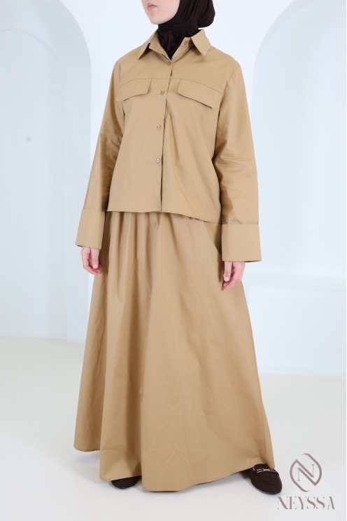 Long skirt and roll-up sleeve cotton shirt set