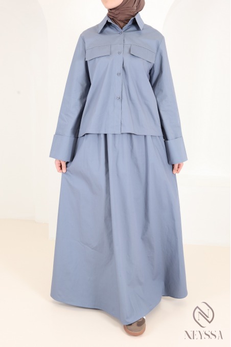 Denim blue cotton shirt and flared maxi skirt set