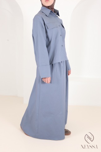 Denim blue cotton shirt and flared maxi skirt set 2