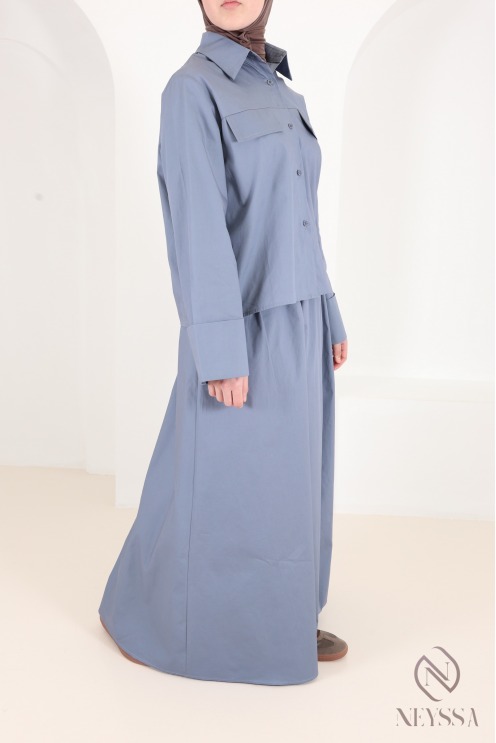 Denim blue cotton shirt and flared maxi skirt set