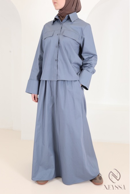 Denim blue cotton shirt and flared maxi skirt set