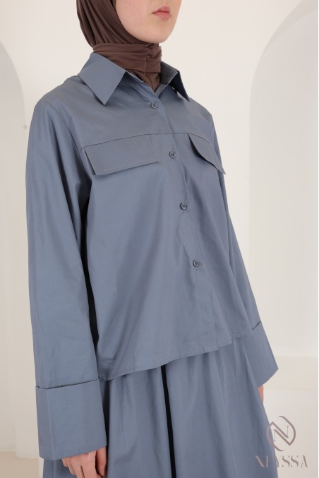 Set ensemble chemise droite + jupe longue évasée bleu jean en coton