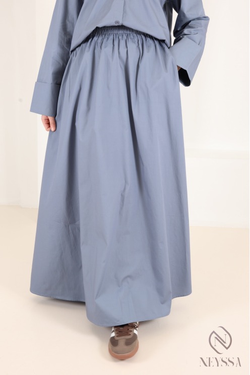 Denim blue cotton shirt and flared maxi skirt set