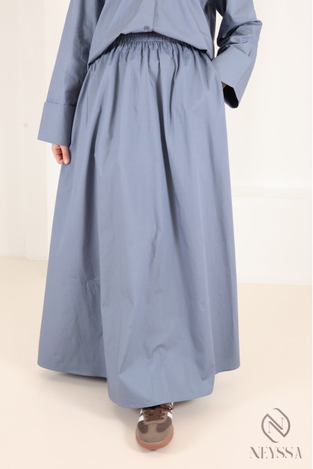 Denim blue cotton shirt and flared maxi skirt set