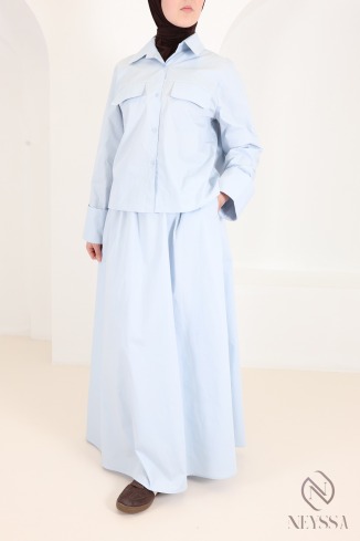 Baby blue cotton maxi skirt and roll-up sleeve shirt set 2