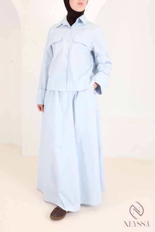 Baby blue cotton maxi skirt and roll-up sleeve shirt set