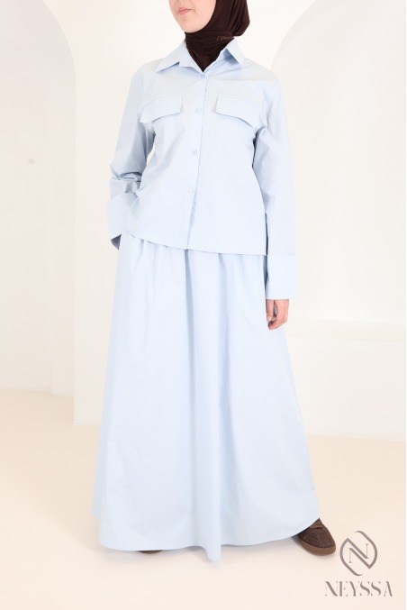 Baby blue cotton maxi skirt and roll-up sleeve shirt set