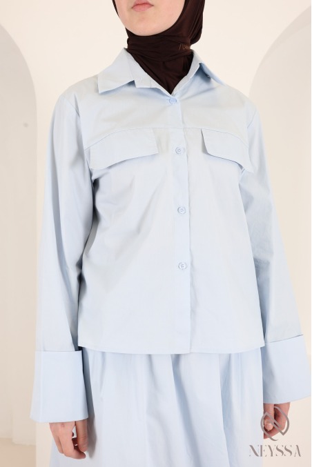 Set jupe longue + chemise manches revers en coton tendance baby blue