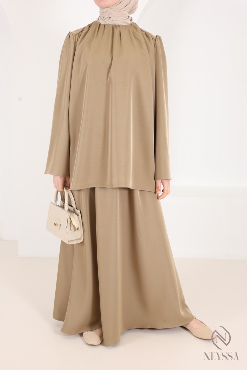 Ensemble blouse + jupe longue + ceinture tissu fluide tendance taupe