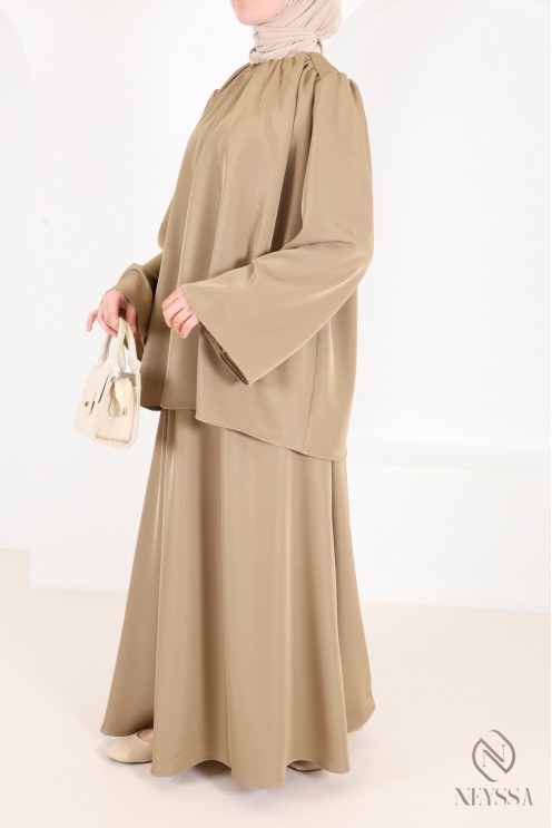 Ensemble blouse + jupe longue + ceinture tissu fluide tendance taupe
