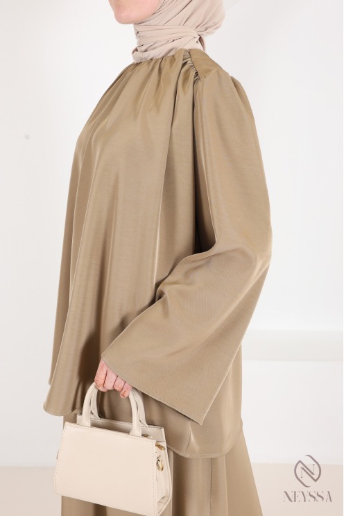 Ensemble blouse + jupe longue + ceinture tissu fluide tendance taupe