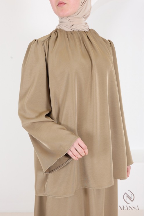 Ensemble blouse + jupe longue + ceinture tissu fluide tendance taupe
