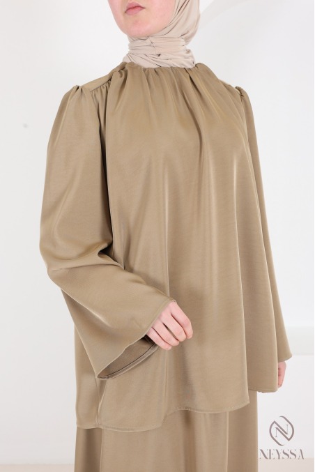 Ensemble blouse + jupe longue + ceinture tissu fluide tendance taupe