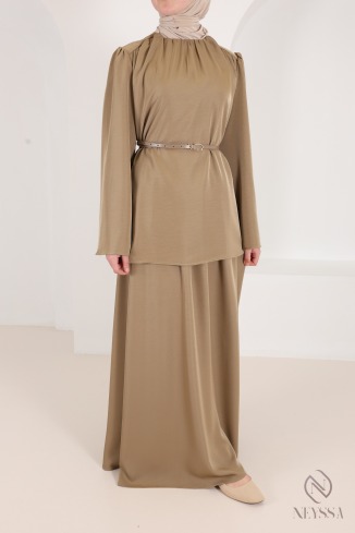 Ensemble blouse + jupe longue + ceinture tissu fluide tendance taupe
