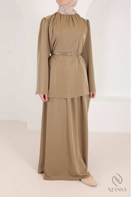 Set featuring a blouse, long skirt, and belt in a flowing taupe