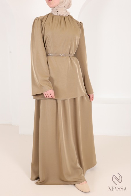 Ensemble blouse + jupe longue + ceinture tissu fluide tendance taupe