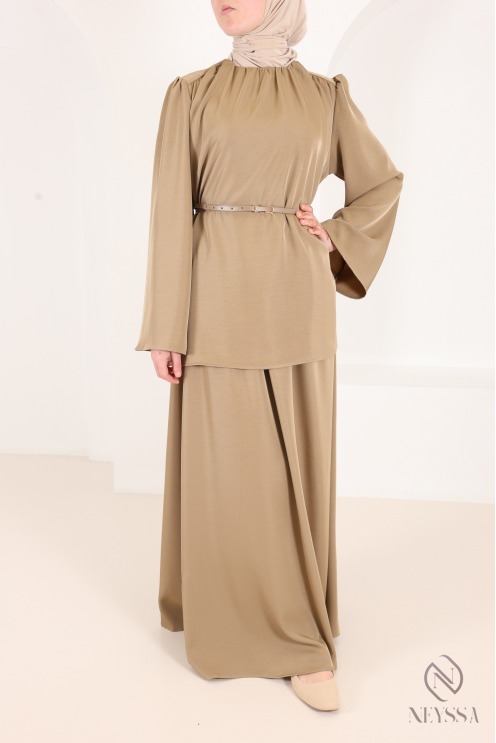 Set featuring a blouse, long skirt, and belt in a flowing taupe