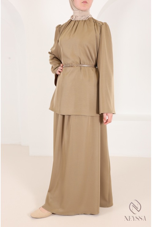 Ensemble blouse + jupe longue + ceinture tissu fluide tendance taupe