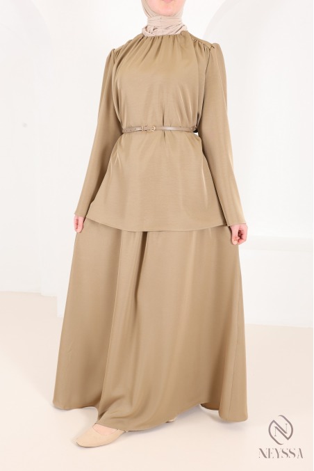 Set featuring a blouse, long skirt, and belt in a flowing taupe
