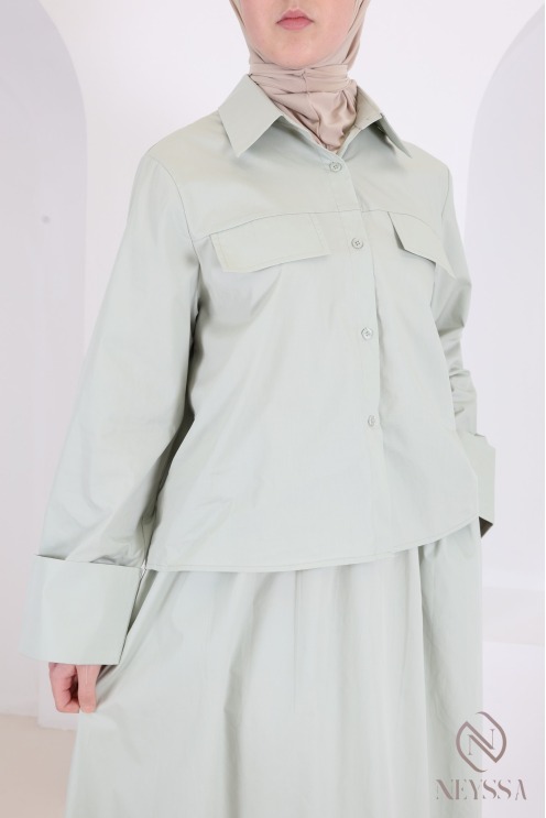 Ensemble 2 pièces vert chemise droite avec jupe longue en coton