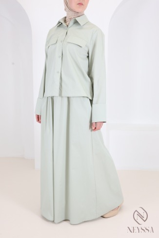 Two-piece green set: straight shirt with long cotton skirt 2