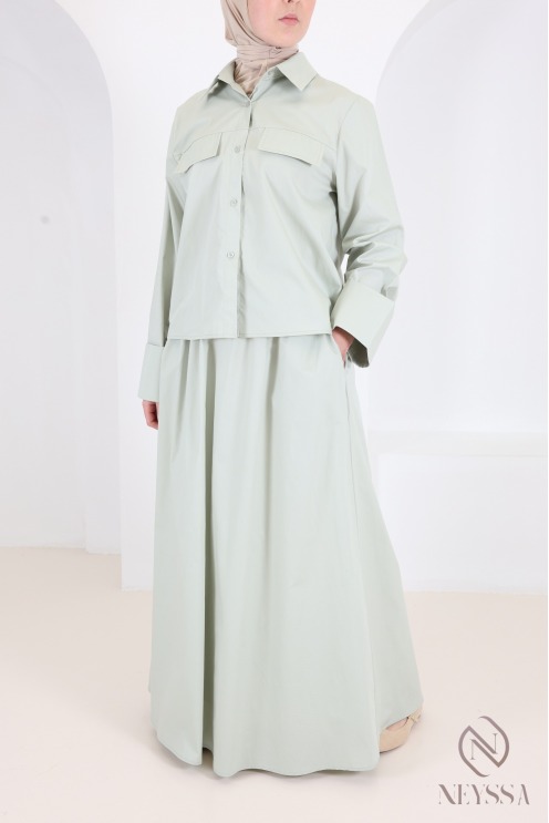 Ensemble 2 pièces vert chemise droite avec jupe longue en coton