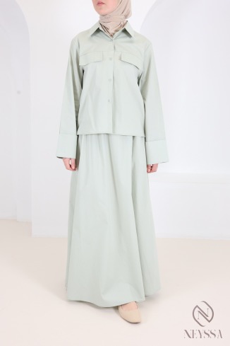 Ensemble 2 pièces vert chemise droite avec jupe longue en coton