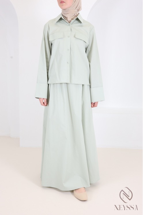 Ensemble 2 pièces vert chemise droite avec jupe longue en coton