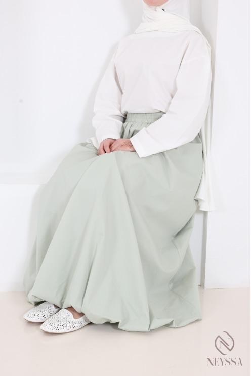 Long balloon-style cotton skirt with aqua green lining
