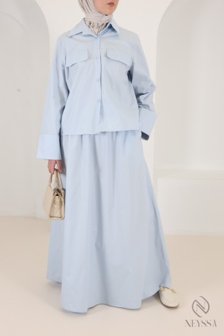 Set jupe longue + chemise manches revers en coton tendance baby blue