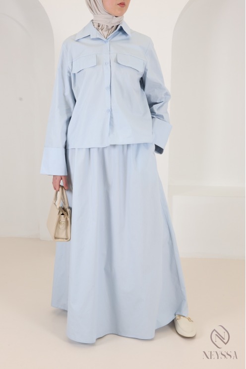 Baby blue cotton maxi skirt and roll-up sleeve shirt set