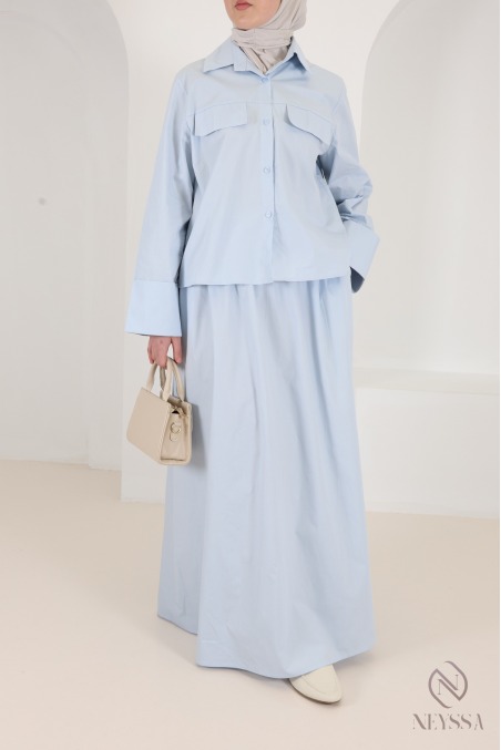 Set jupe longue + chemise manches revers en coton tendance baby blue