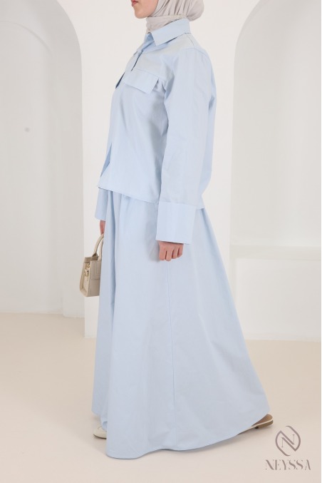 Set jupe longue + chemise manches revers en coton tendance baby blue