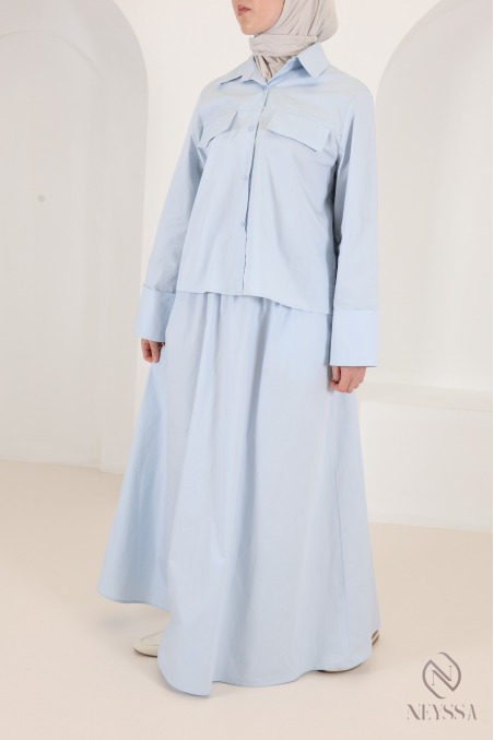 Set jupe longue + chemise manches revers en coton tendance baby blue