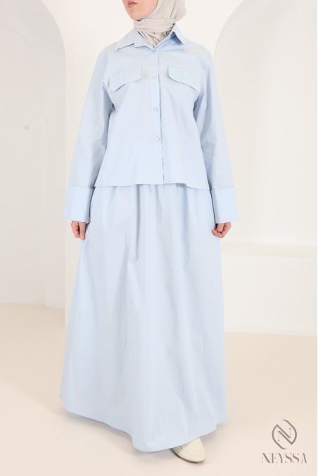 Set aus Maxirock und Bluse mit hochkrempelbaren Ärmeln aus Baumwolle