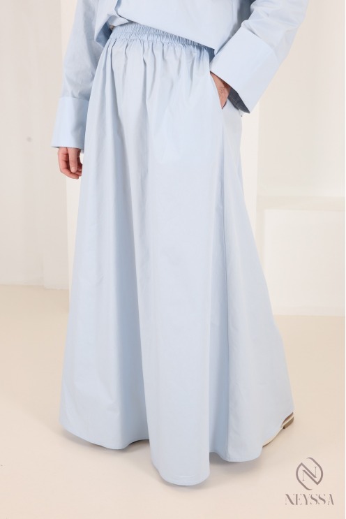 Baby blue cotton maxi skirt and roll-up sleeve shirt set