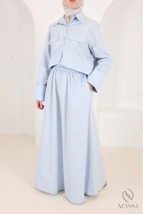 Set jupe longue + chemise manches revers en coton tendance baby blue
