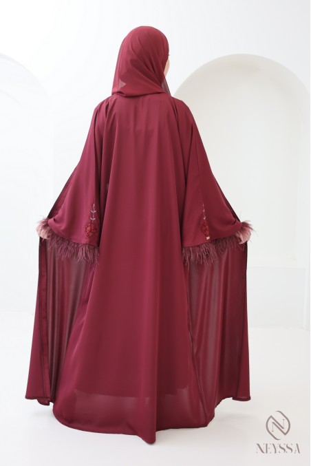 Abaya Dubai Kimono Bordeaux mit Perlen und Federn für das Eid-Fest