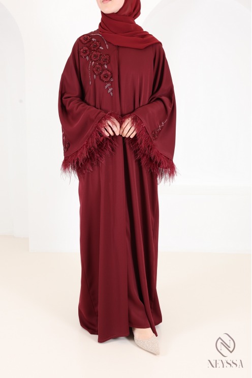 Dubai Kimono Abaya in Bordeaux with Pearls and Feathers