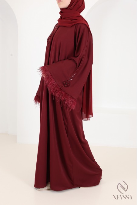 Abaya Dubai Kimono Bordeaux mit Perlen und Federn für das Eid-Fest