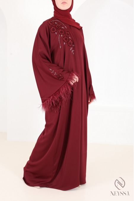 Dubai Kimono Abaya in Bordeaux with Pearls and Feathers