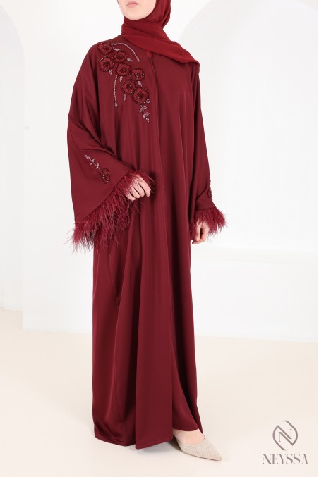 Dubai Kimono Abaya in Bordeaux with Pearls and Feathers