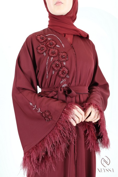 Dubai Kimono Abaya in Bordeaux with Pearls and Feathers