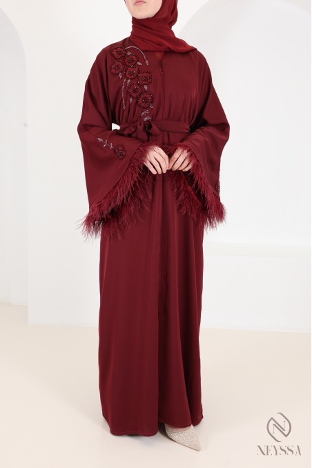 Dubai Kimono Abaya in Bordeaux with Pearls and Feathers