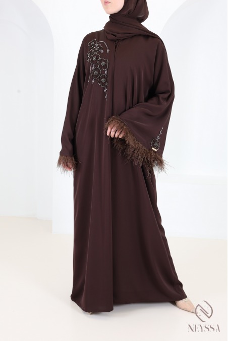 Luxury Dubai Kimono Abaya with Beads and Feathers - Chocolate